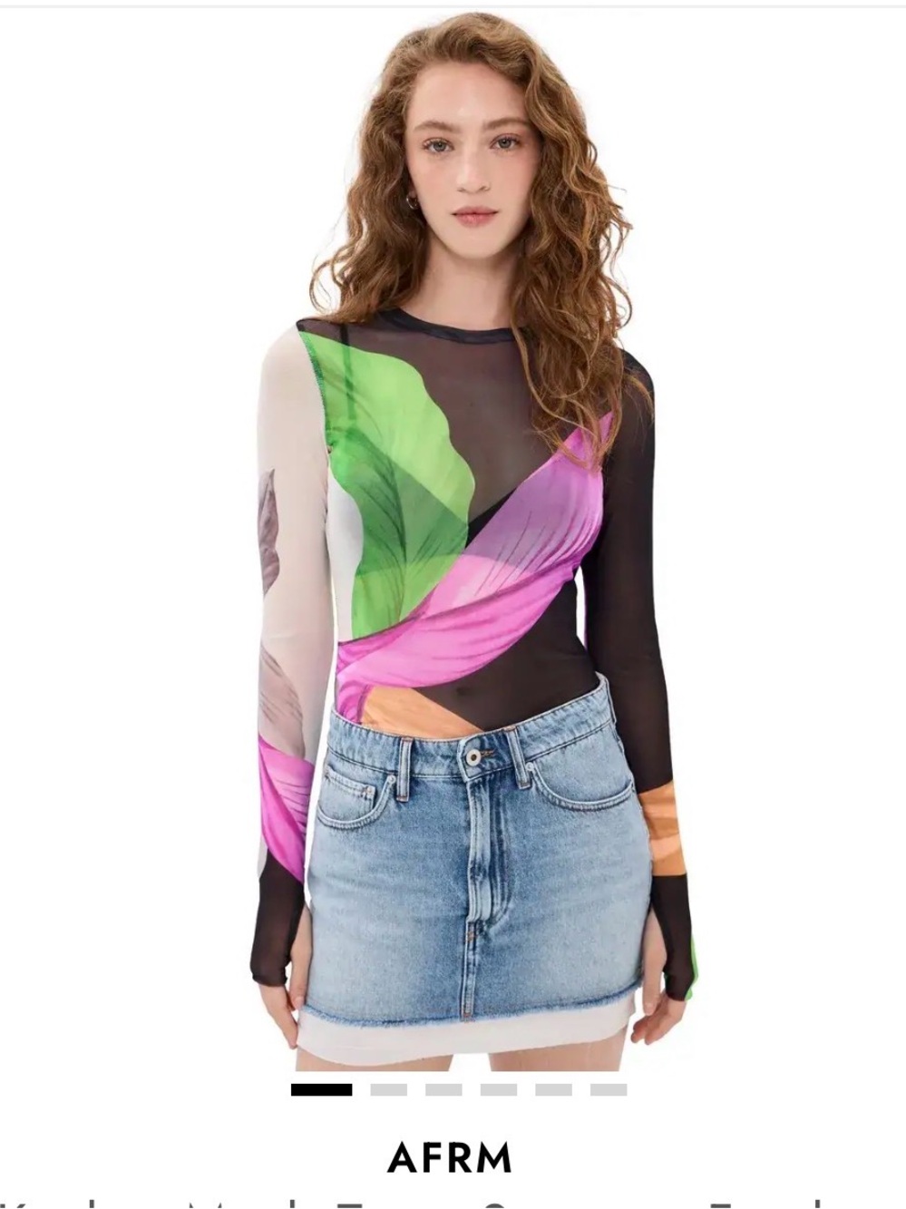 AFRM Black Sheer Long Sleeve Top with Pink, Green & Cream Floral Print